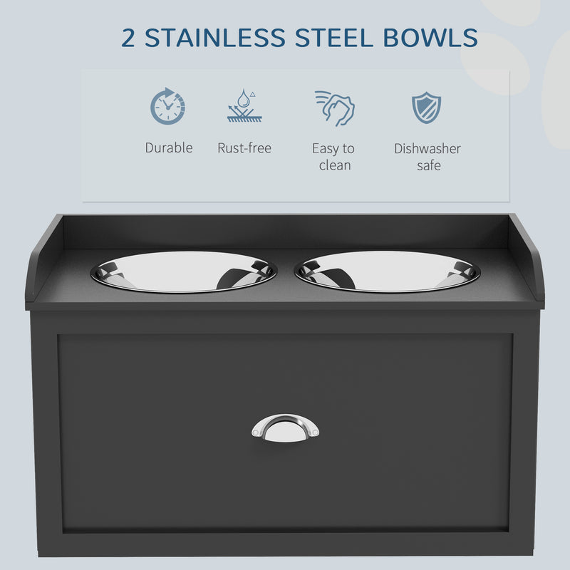 Stainless Steel Raised Dog Bowls with Built In Storage Drawer for Large Pets, Black