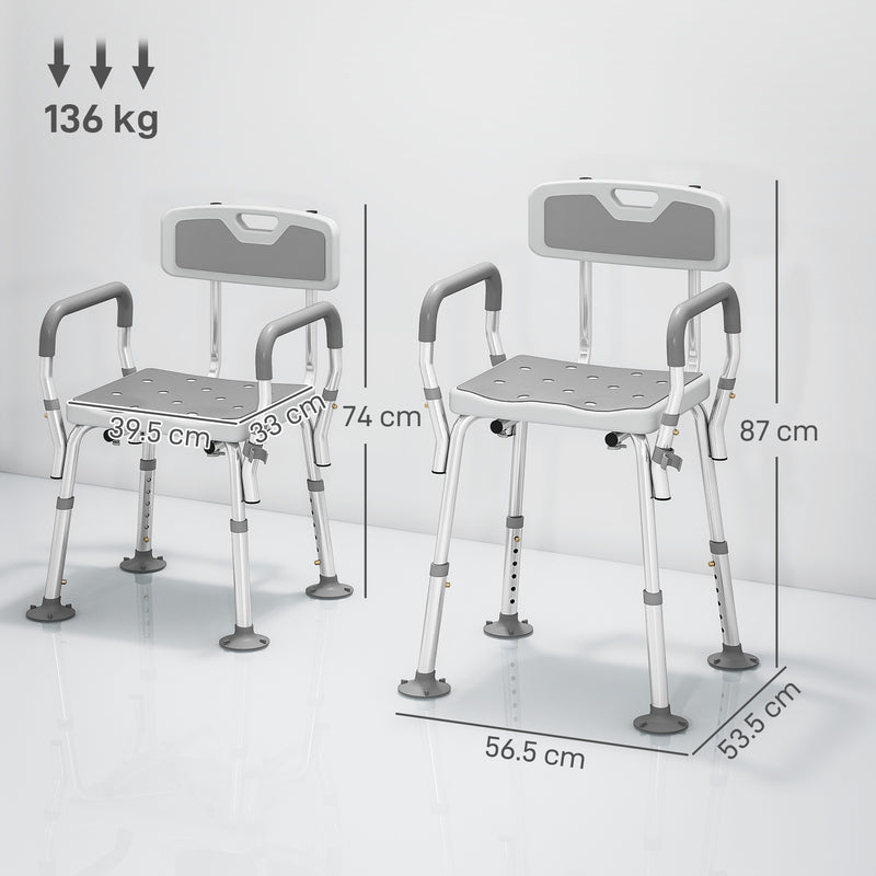 Height Adjustable Shower Chair with Backrest and Armrests for Elderly and Disabled, Light Grey