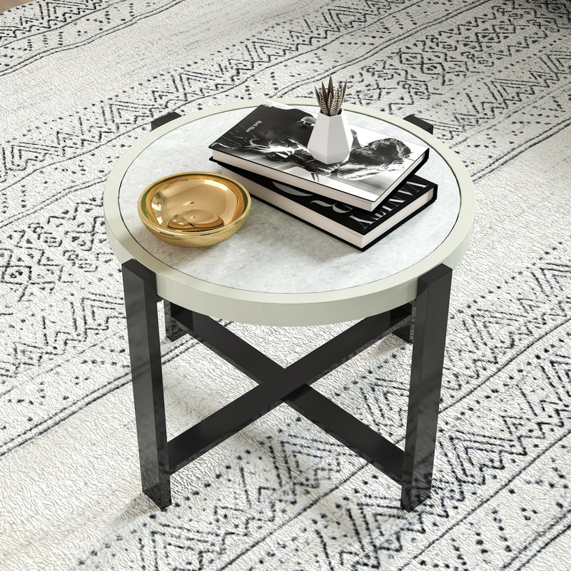 60cm Round Garden Side Table with Tempered Glass Top Aluminium Frame Light Grey