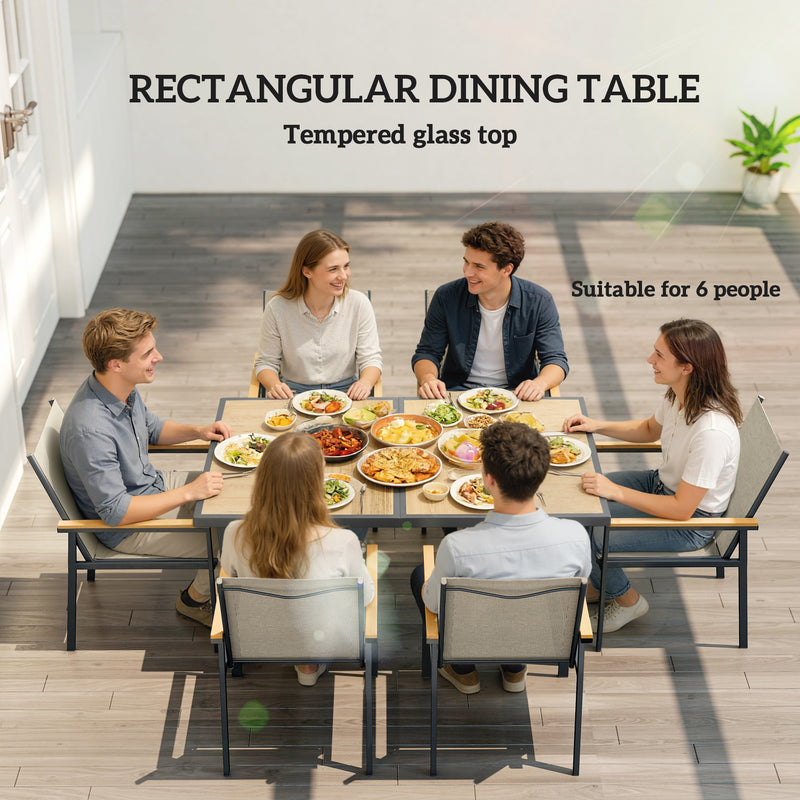 Garden Dining Set 6 Seater with Easy Clean Table and Breathable Chairs, Teak Outsunny
