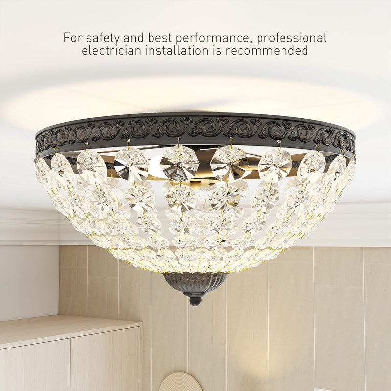 2 Light Flush Mount Crystal Chandelier with 168 Beads Ideal for Lounge or Bedroom, Black