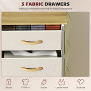 Chest of 5 Fabric Drawers with Wooden Top for Bedroom or Hallway Storage Beige