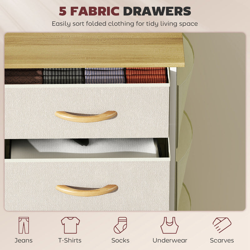 Chest of 5 Fabric Drawers with Wooden Top for Bedroom or Hallway Storage Beige