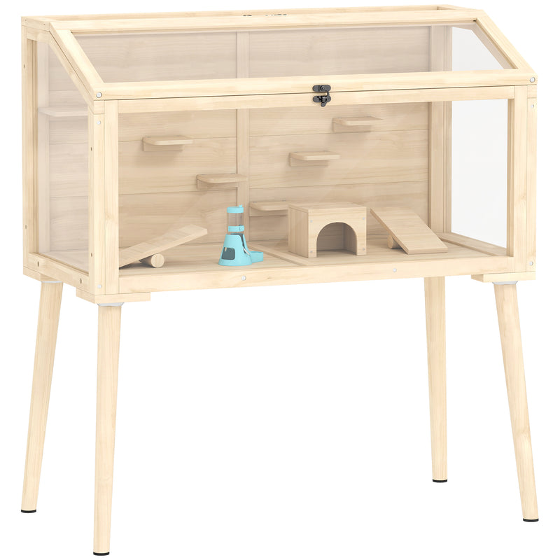 Large Wooden Hamster Cage With Seesaws Platforms and Water Bottle for Gerbils Natural AOSOM