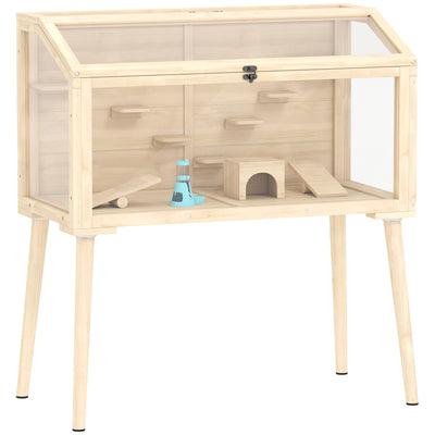 Large Wooden Hamster Cage With Seesaws Platforms and Water Bottle for Gerbils Natural AOSOM