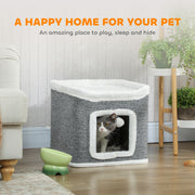 2 Level Indoor Cat House with Top Bed and Hanging Toys Ideal for Multiple Kittens Grey AOSOM