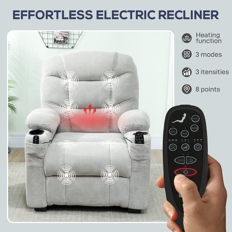 Electric Recliner Armchair with Massage Heat USB Port and Cup Holders for Lounge Grey AOSOM