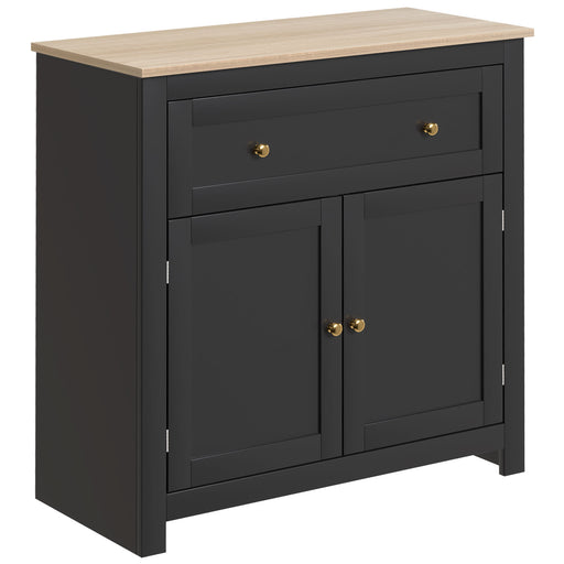 Black cabinet with two doors and a drawer on a white background