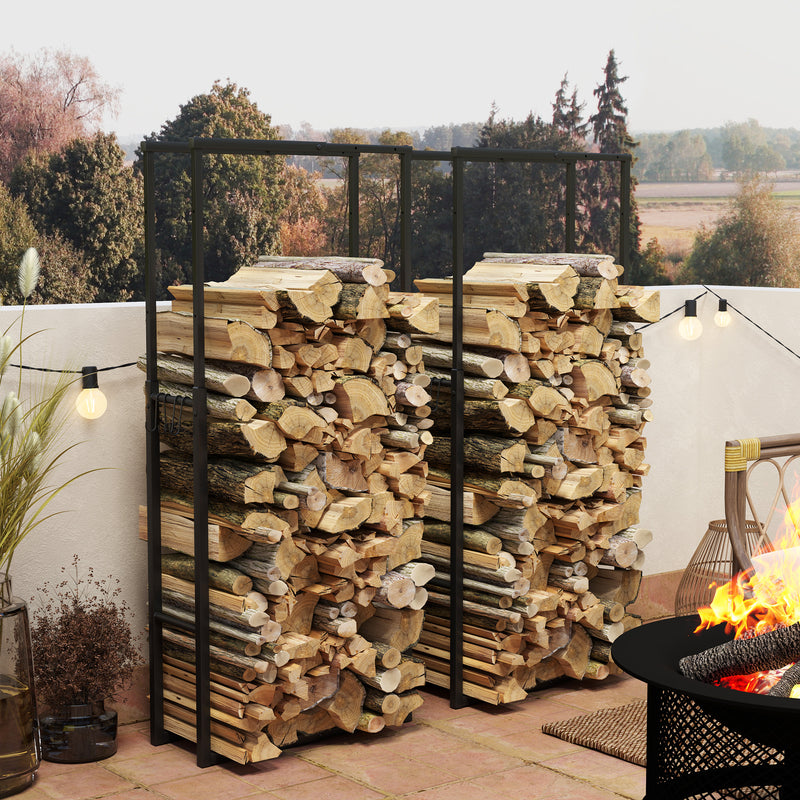 Black Retractable Firewood Log Rack Set of 2 With Hooks for Indoor Outdoor Use by Outsunny