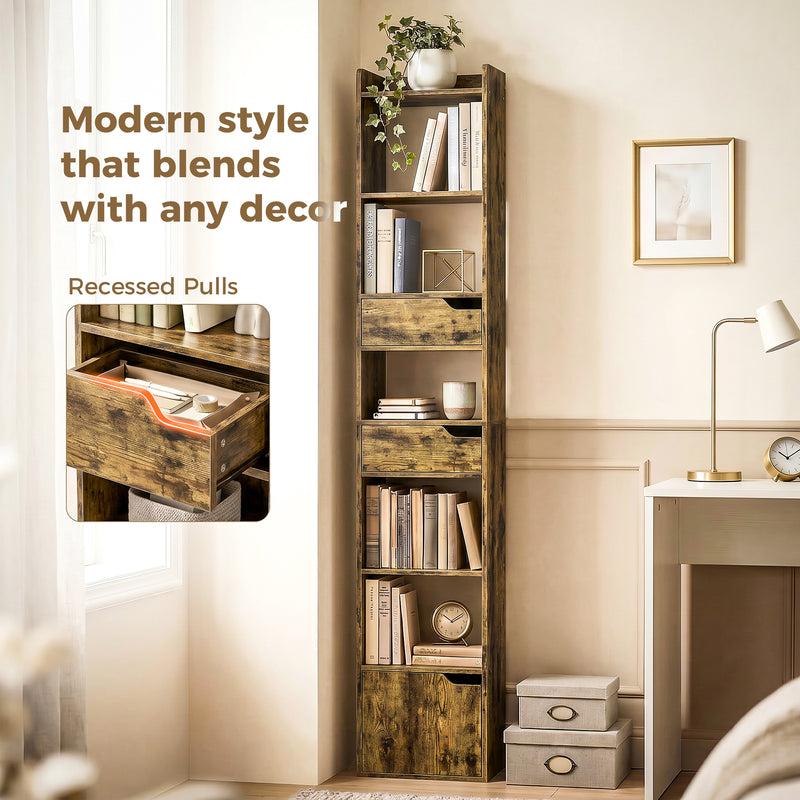 Slim Bookcase with Shelves Drawers and Cabinet for Small Spaces Rustic Brown