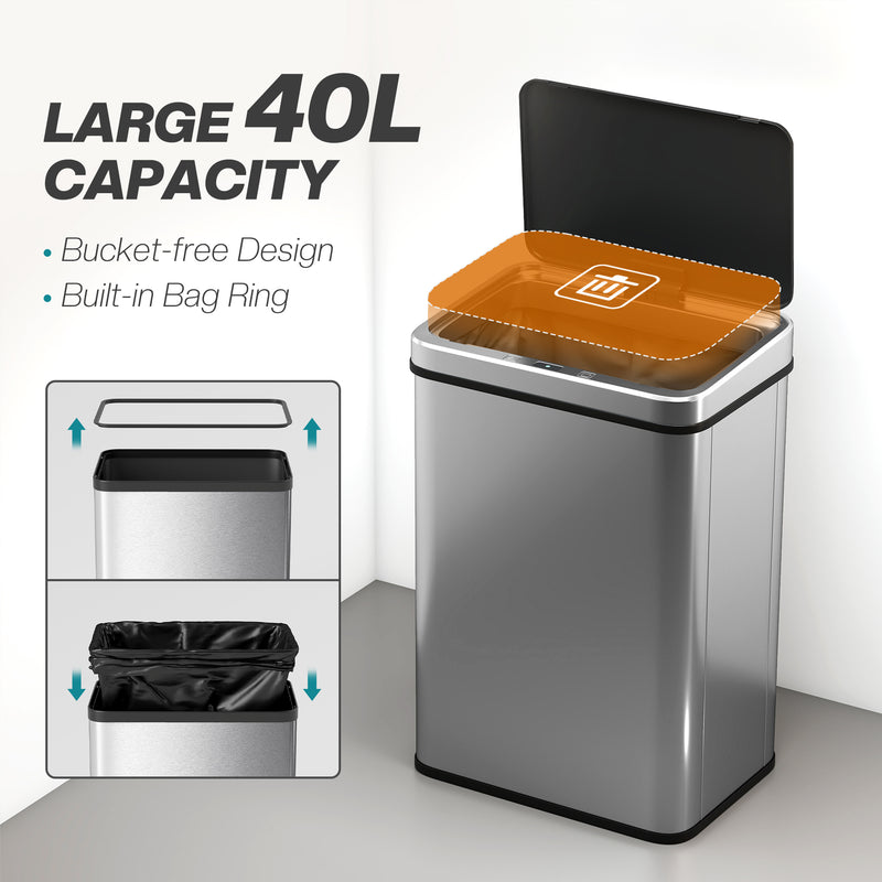 Sensor Kitchen Bin 40L Touch Free Motion Sensor Waste Disposal with Soft Close Lid Silver Homcom