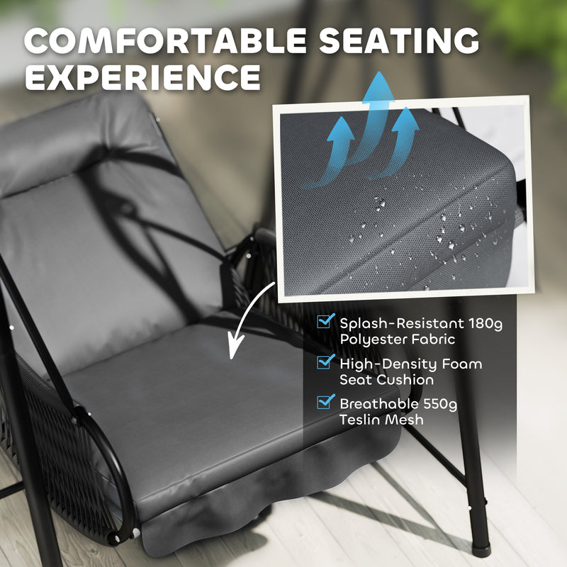 Dark Grey Rattan Hanging Swing Chair With Stand and Cushion for Garden and Balcony by Outsunny