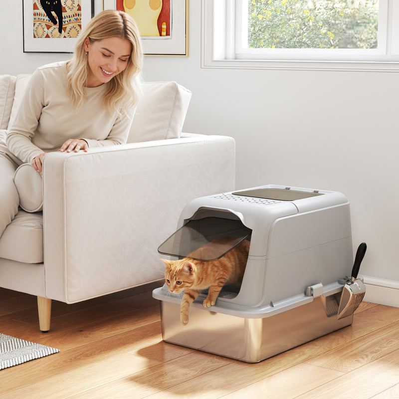 Enclosed Stainless Steel Litter Tray For Cleaner Floors, Scoop, 2 Doors, Light Grey