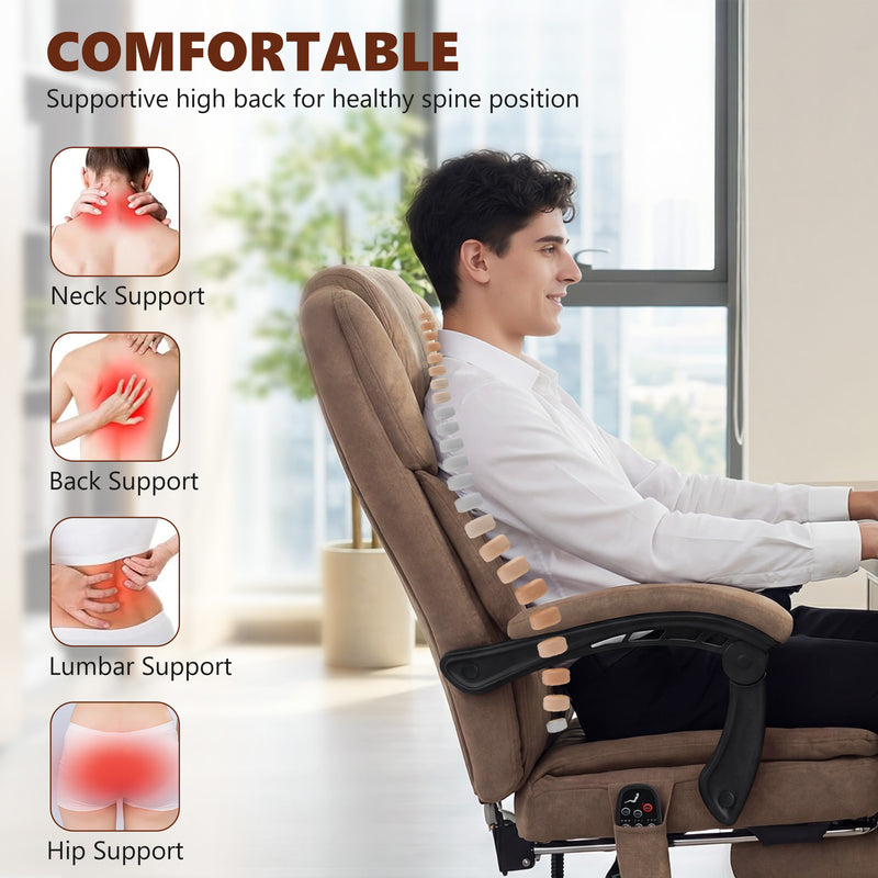 Massage Office Chair with Heated Lumbar Support and Reclining Footrest for Home Office Brown