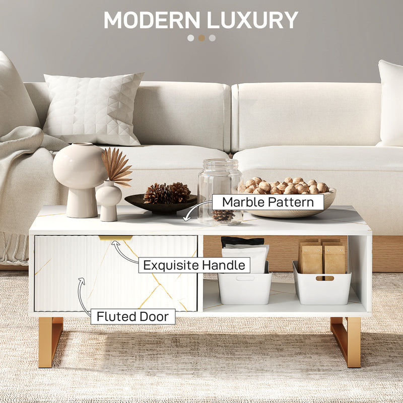 White Marble Effect Coffee Table with Hidden Storage and Sleek Design by HOMCOM