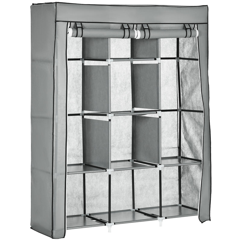 Light Grey Fabric Portable Wardrobe with 8 Shelves and 2 Hanging Rods by HOMCOM
