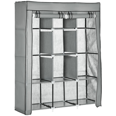 Light Grey Fabric Portable Wardrobe with 8 Shelves and 2 Hanging Rods by HOMCOM