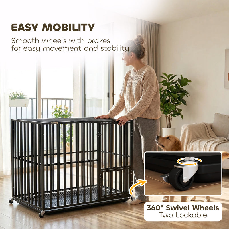 Heavy Duty Steel Dog Crate with Wheels and Removable Tray for Secure Home Use Black AOSOM