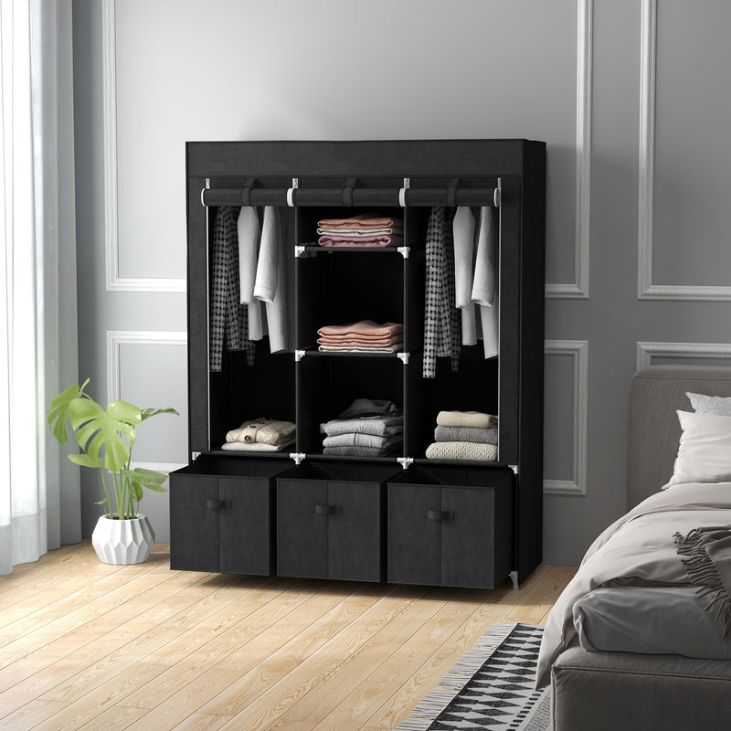 Fabric Wardrobe with Hanging Rails and Shelves for Compact Bedroom Storage Black