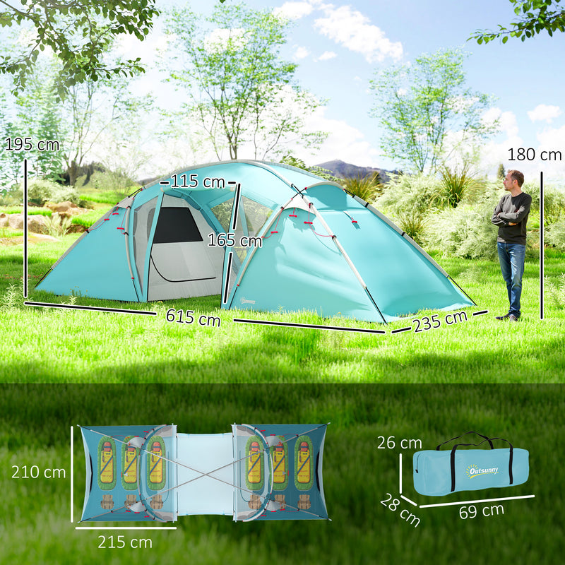 6 Person Family Camping Tent with Two Bedrooms and Living Area Waterproof Blue