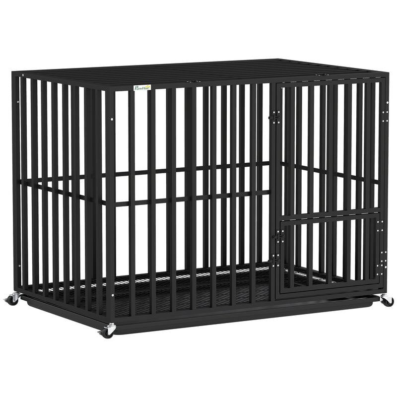 Heavy Duty Steel Dog Crate with Wheels and Removable Tray for Secure Home Use Black AOSOM