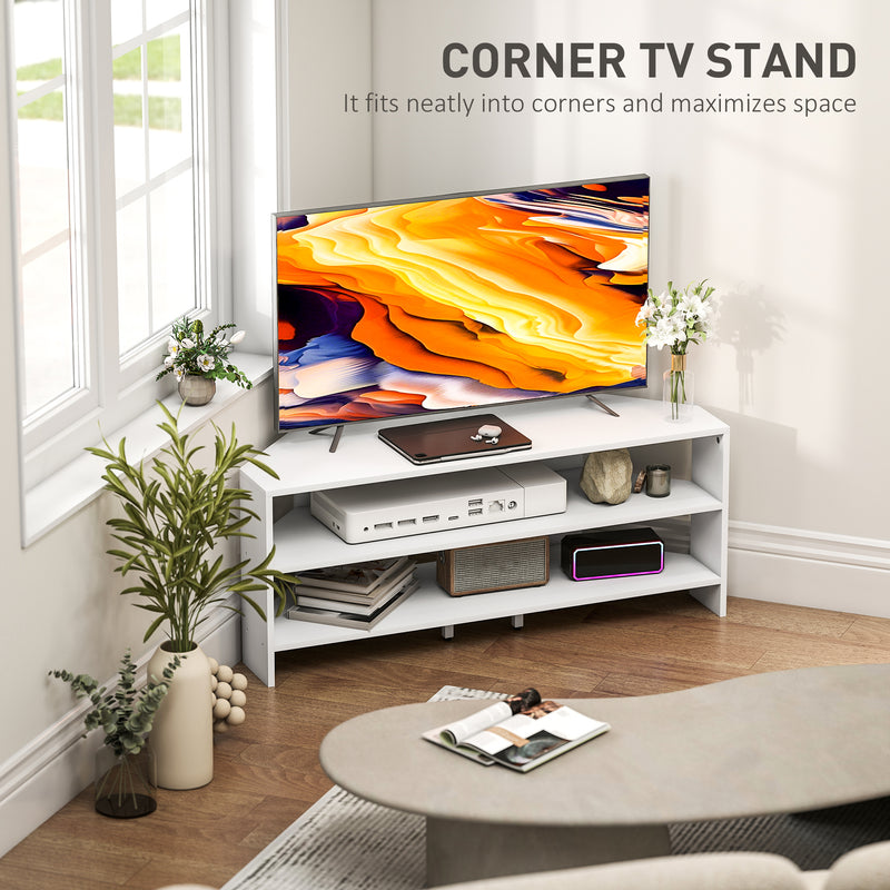 White Corner TV Stand for 47 Inch TV with 2 Open Shelves Ideal for Small Spaces