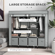Dark Grey Fabric Wardrobe with 10 Shelves 2 Hanging Rails and 4 Drawers by HOMCOM