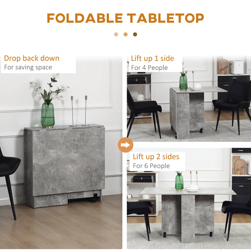 Folding Drop Leaf Dining Table with Storage Shelves and Wheels for Small Kitchens Cement Grey