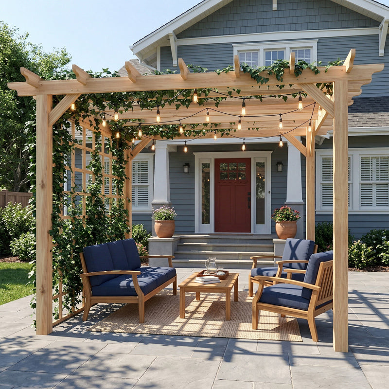 3x3m Wooden Garden Pergola with Trellis for Natural Shade and Privacy Nature Wood Finish Outsunny