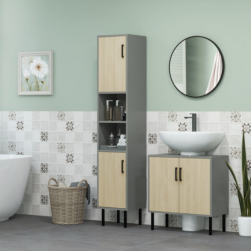 Bathroom Cabinet Furniture Set with Tall Storage and Adjustable Shelves Under Sink Grey AOSOM