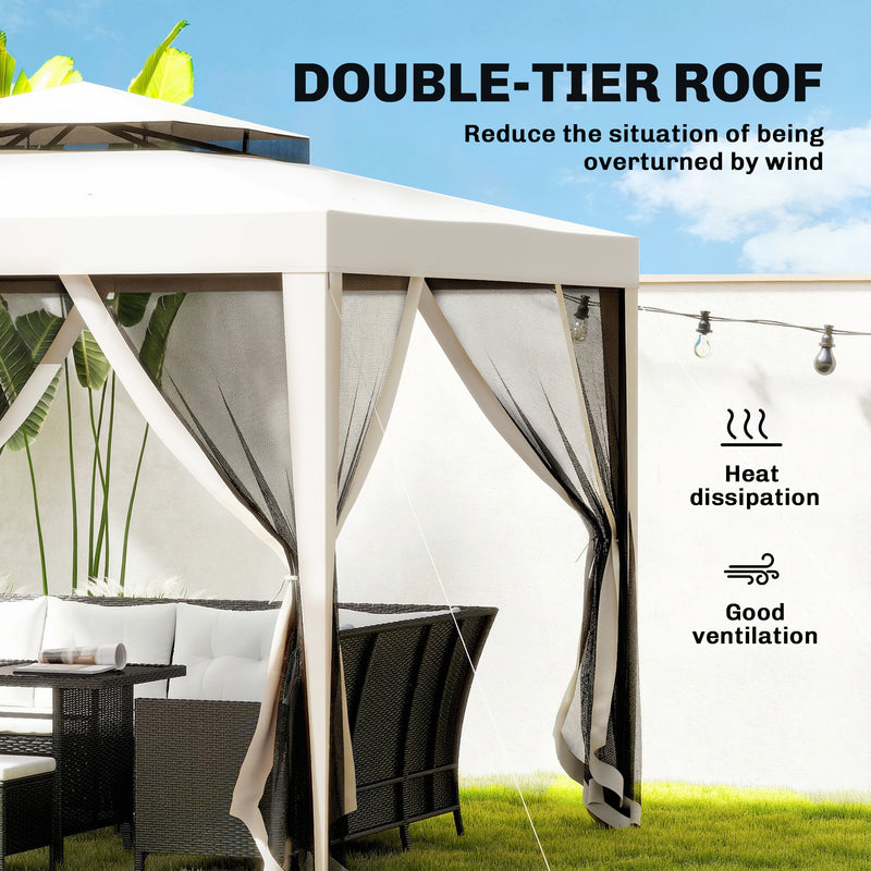 Outsunny 3x3m Gazebo, Netting Party Tent, Patio Canopy Outdoor Event Shelter with Double Tier Roof, Cream White Outsunny