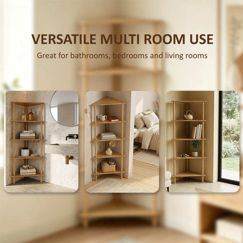 Bathroom Corner Shelf 5 Tier Bamboo Storage for Toiletries and Towels Natural Wood Finish