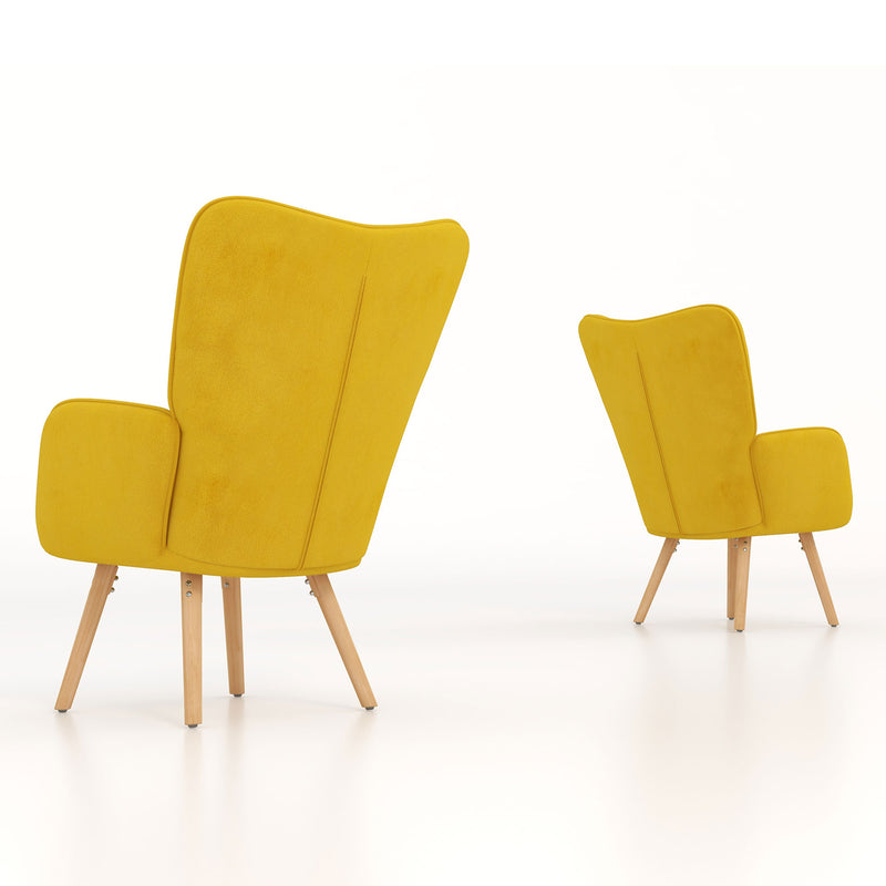 Set of 2 Velvet Wingback Accent Chairs with Wood Legs for Lounge or Living Room Yellow