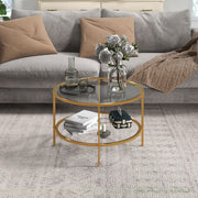 Gold Round Glass Coffee Table with Storage and Steel Frame for Modern Living Room Decor