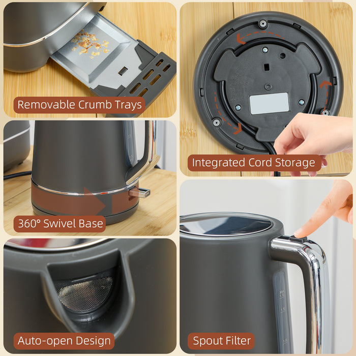 Grey 1.7L Fast Boil Cordless Kettle and 2 Slice Toaster Set With 6 Browning Levels by HOMCOM