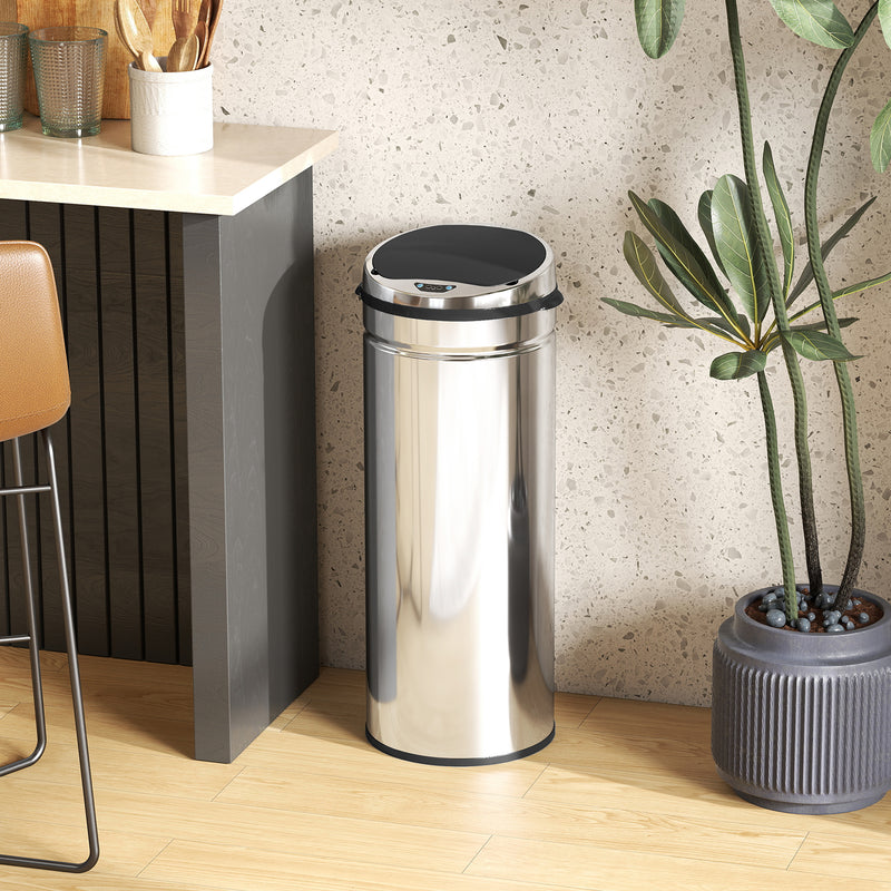 50L Stainless Steel Automatic Sensor Bin With Touchless Lid For Kitchen Or Office Use, Silver