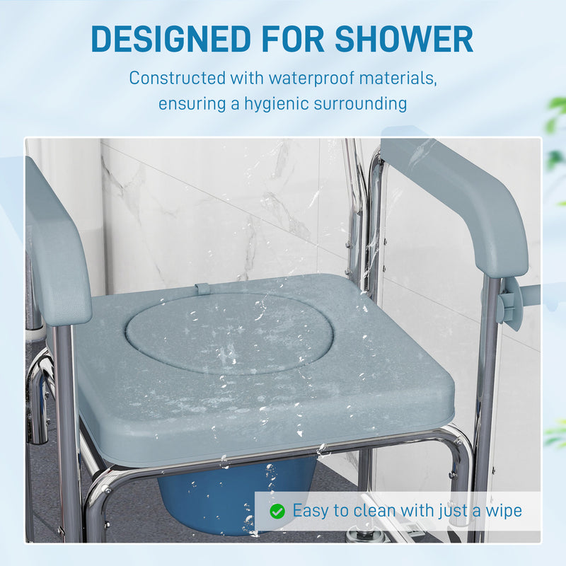 Shower Commode Chair with Lockable Wheels and Arms for Elderly or Disabled Use Grey AOSOM