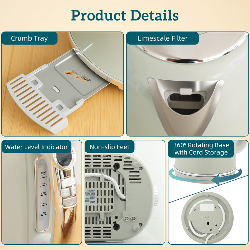 Green Retro Kettle and Toaster Set with Adjustable Temperature Ideal for Breakfast