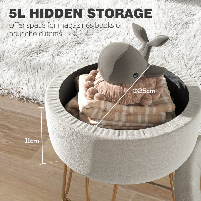 Round Storage Ottoman Footstool Cream White With Gold Hairpin Legs 5L Velvet Feel by HOMCOM