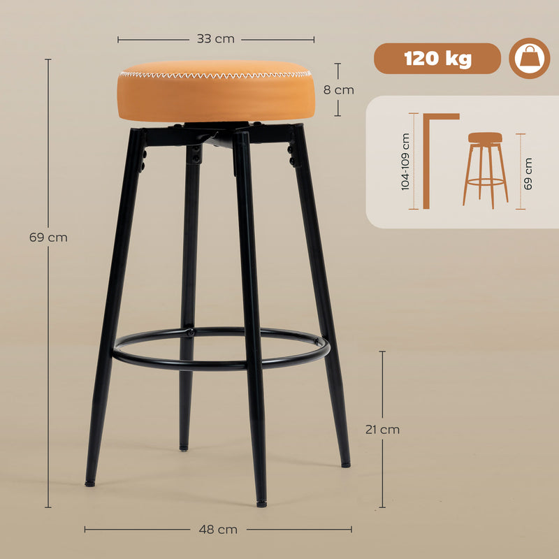 Pair of Adjustable Faux Leather Bar Stools with Footrest for Home Bar or Kitchen, Brown Seat With Black Legs