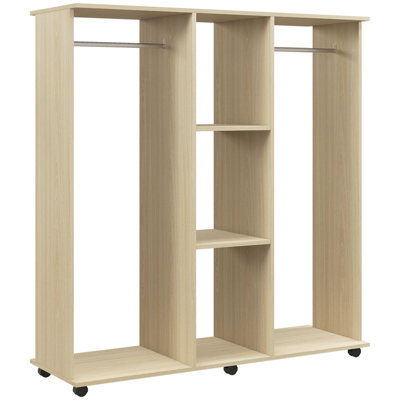 Open Wardrobe with Rails and Shelves for Easy Bedroom Storage on Wheels Natural Wood Finish