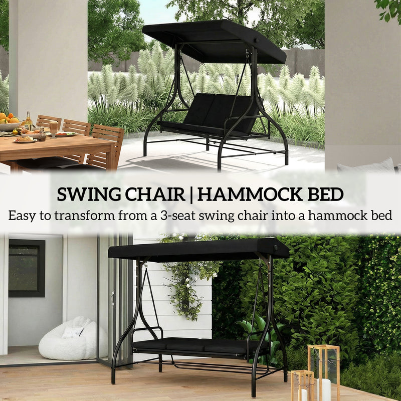 3 Seater Garden Swing Seat with Adjustable Canopy and Fold Flat Bed for Outdoor Relaxing Black