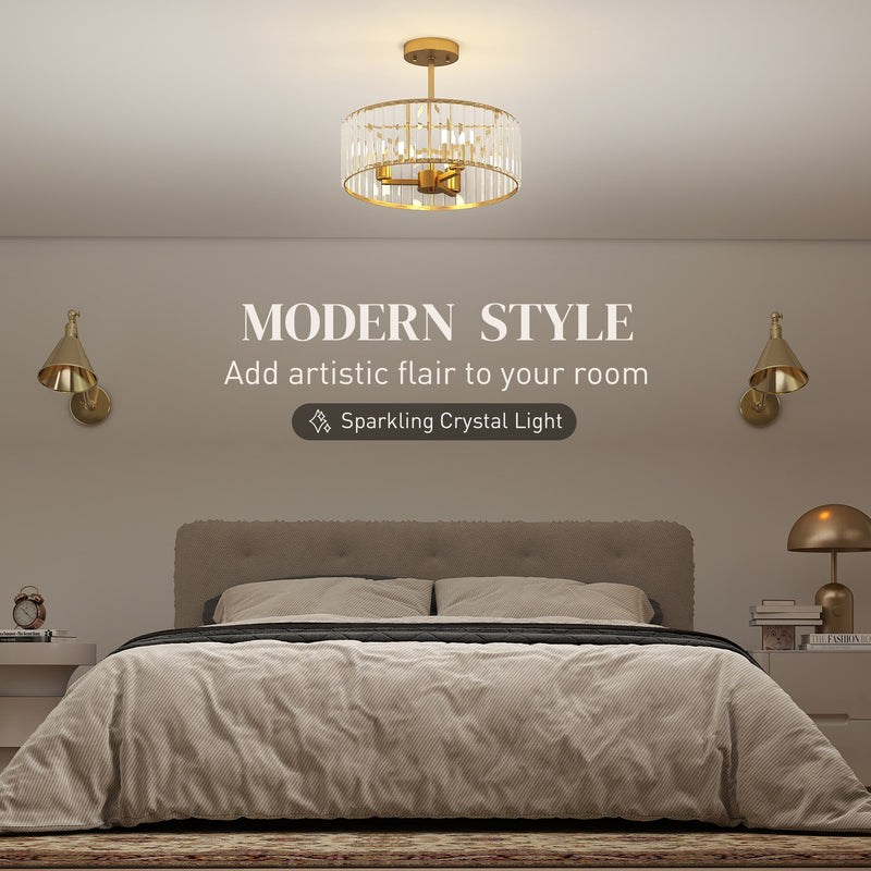 Modern Semi Flush Crystal Ceiling Light With 3 E14 Bulbs For Living Room, Gold Tone
