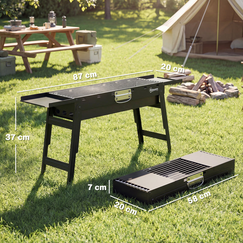Portable Folding Charcoal Barbecue Grill for Easy Outdoor Cooking with Side Shelves Black Outsunny