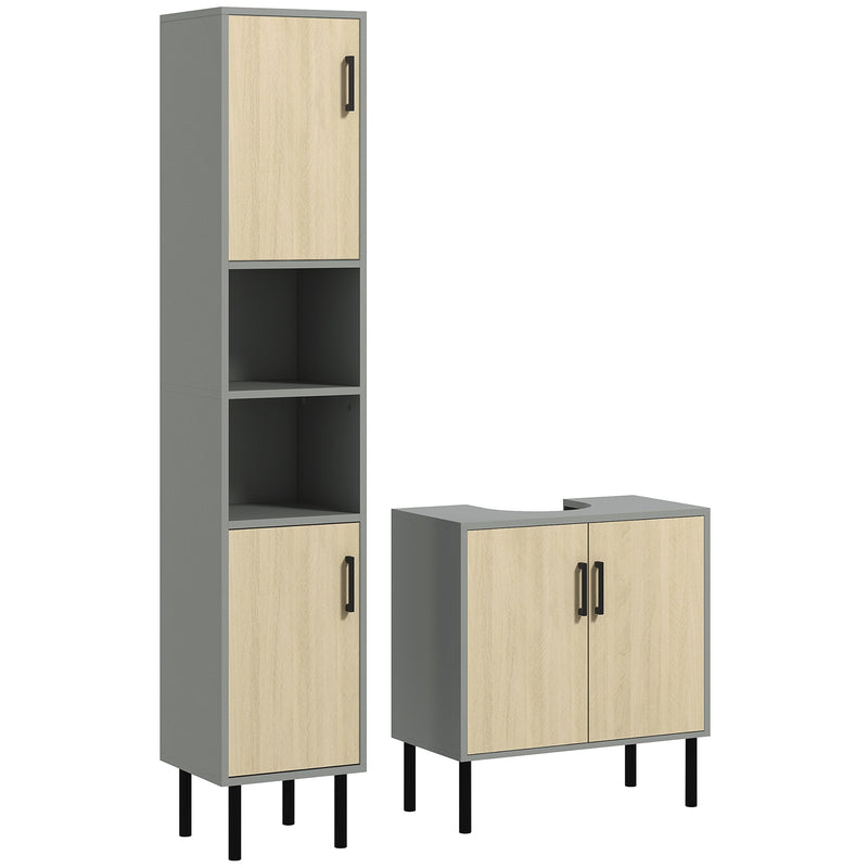 Bathroom Cabinet Furniture Set with Tall Storage and Adjustable Shelves Under Sink Grey AOSOM