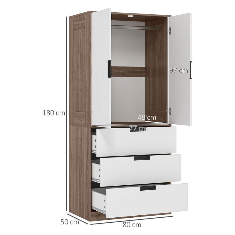 Two Door Wardrobe with Drawers for Bedroom Storage, White and Brown by HOMCOM