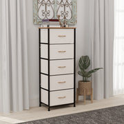 Cream White Fabric Chest of Drawers with 5 Storage Drawers and Wooden Top by HOMCOM