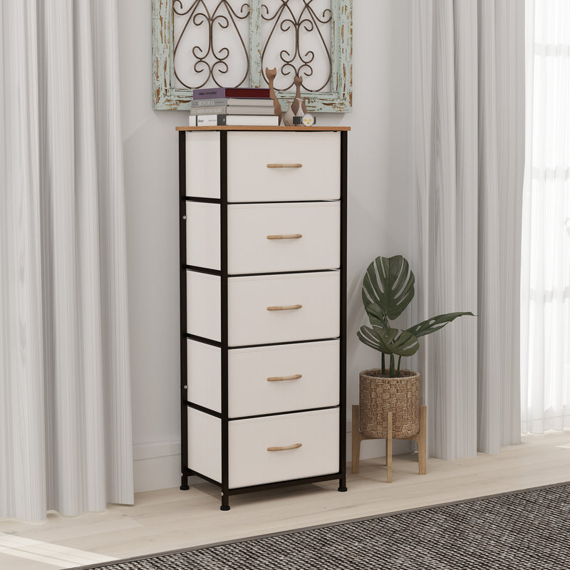 Cream White Fabric Chest of Drawers with 5 Storage Drawers and Wooden Top by HOMCOM