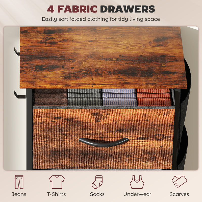 Chest of Four Fabric Storage Drawers with Wood Effect Top for Bedroom or Hallway, Rustic Brown