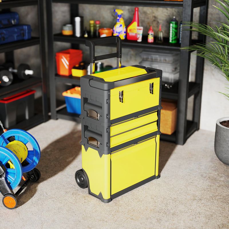 Yellow 3 in 1 Stackable Rolling Tool Box With Wheels For Garage Or Workshop Storage